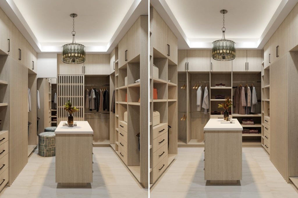 Luxurious master bedroom suites' walk-in closet by Decorilla