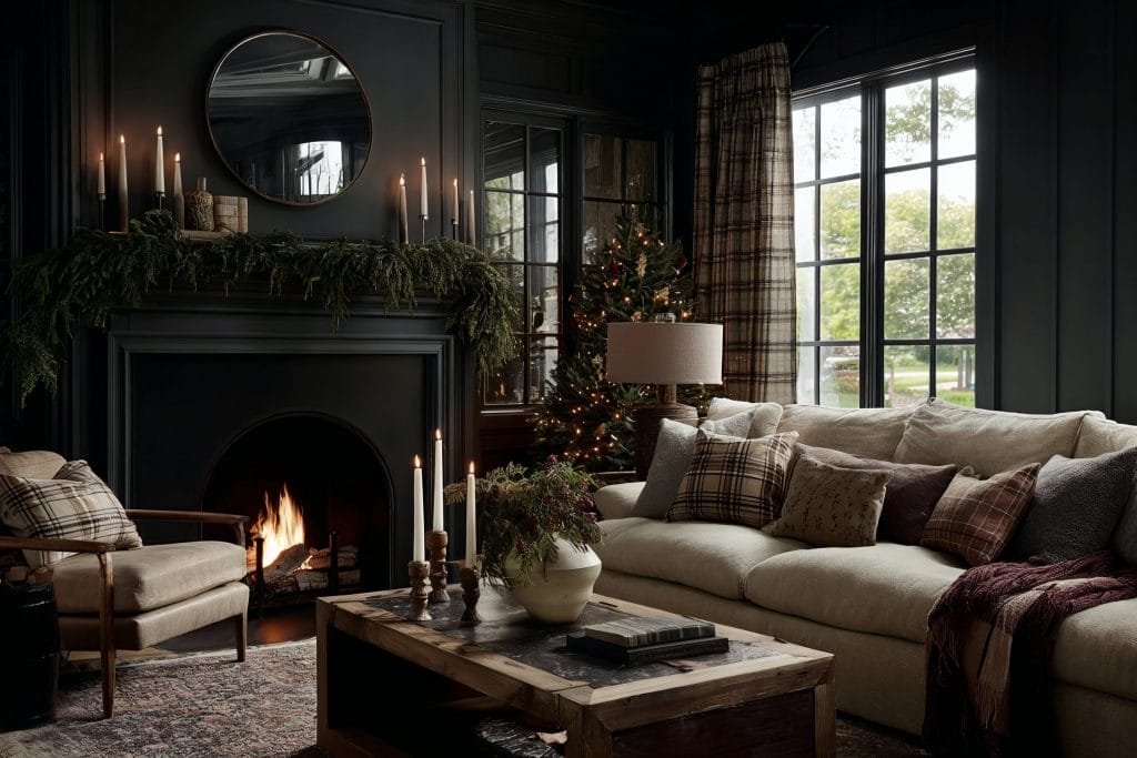 Moody transitional living room decorated for Christmas by Decorilla