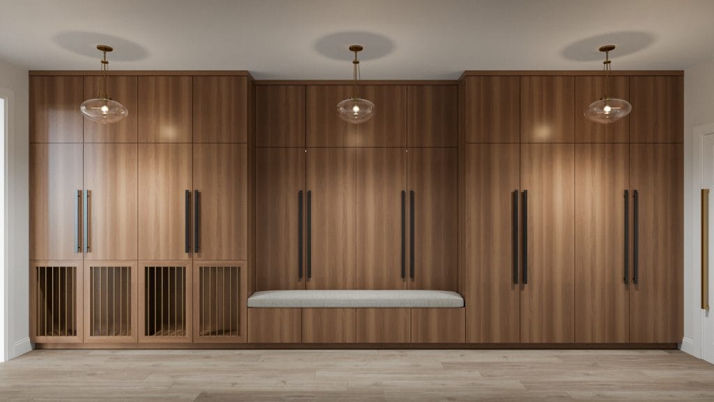 Mudroom storage in a transitional home interior by Decorilla