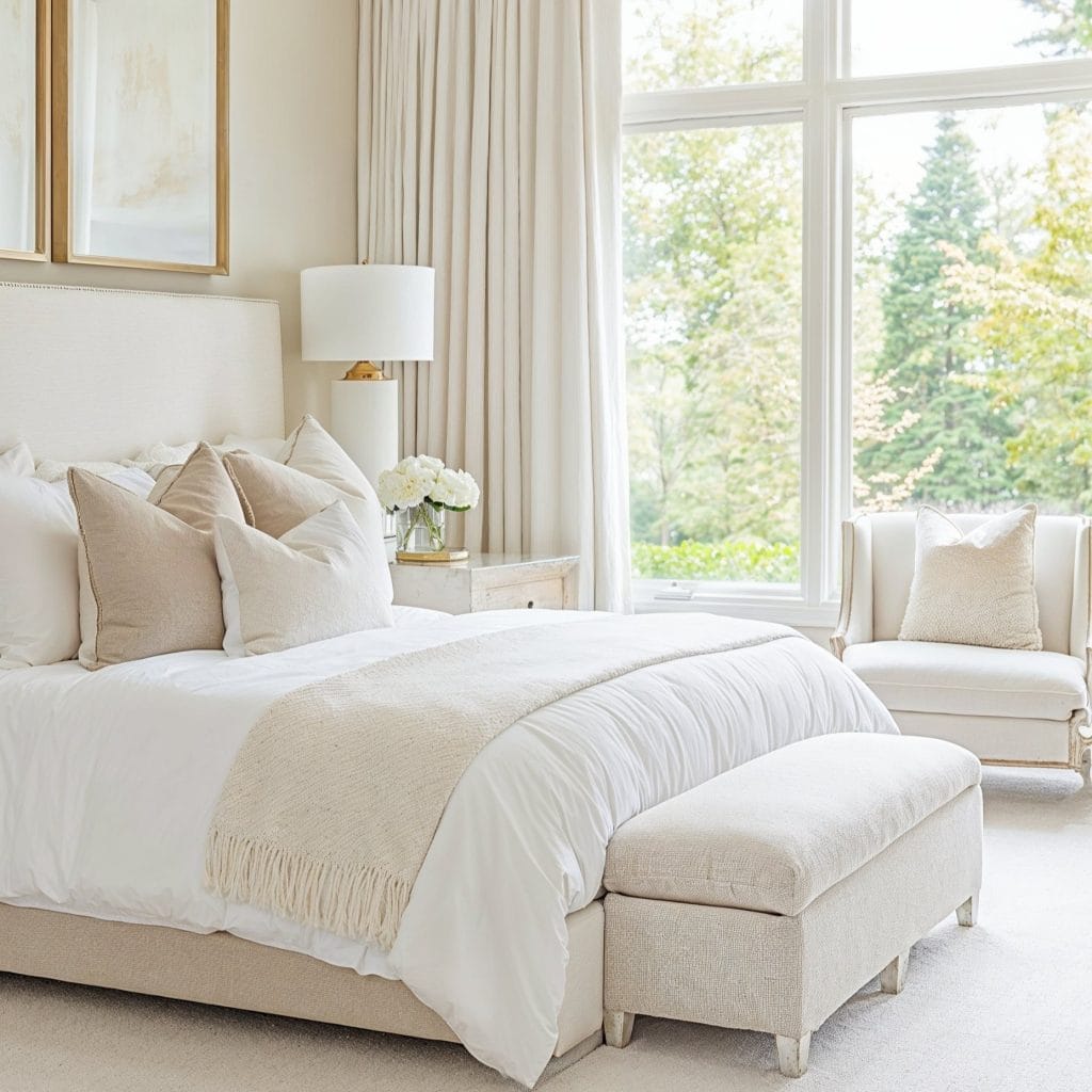 Neutral primary bedroom interior by Decorilla