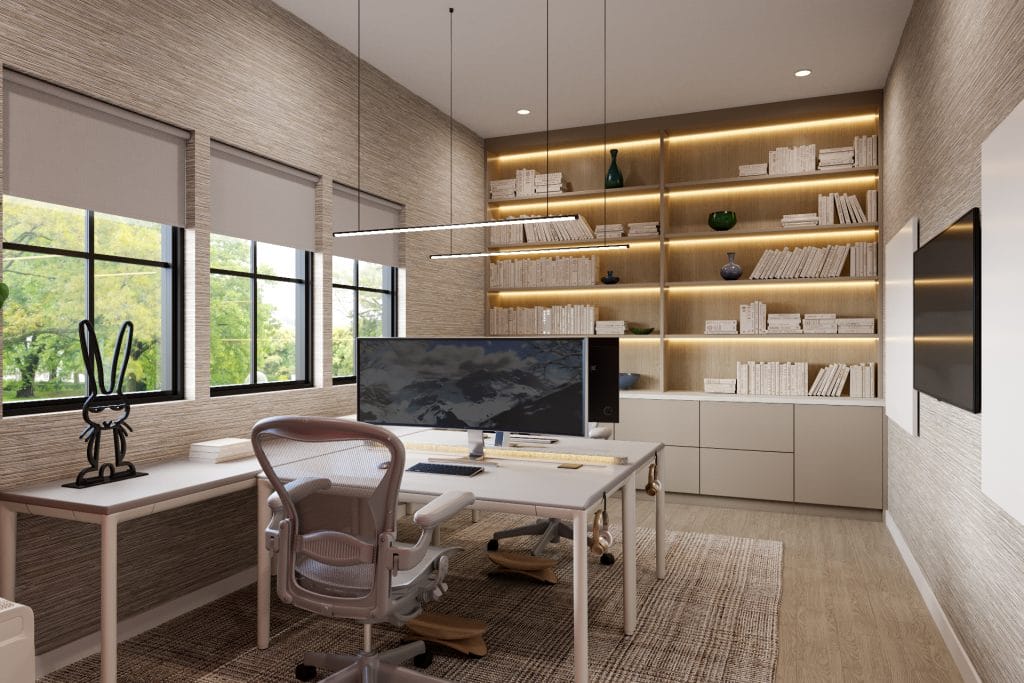 Office adjacent to a bedroom of a productive home, by Decorilla