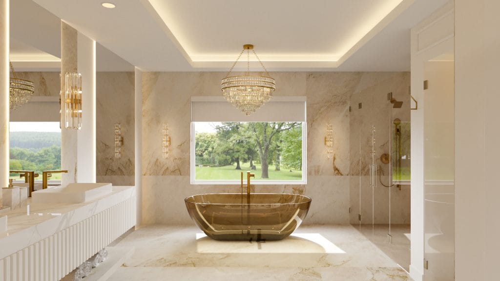 Primary bathroom design with a crystal chandelier and an acrylic bathtub, by Decorilla