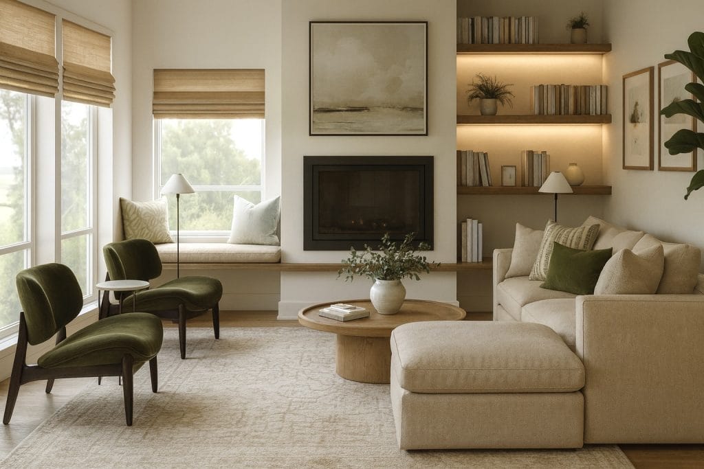 Cozy, earthy living room design by Decorilla