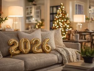 Living room tastefully decorated for New Years Eve by Decorilla