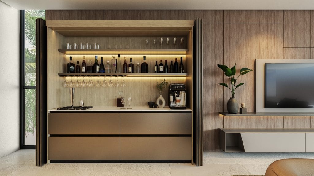 Modern minimalist wet bar in a living room by Decorilla designer, Sharné L.