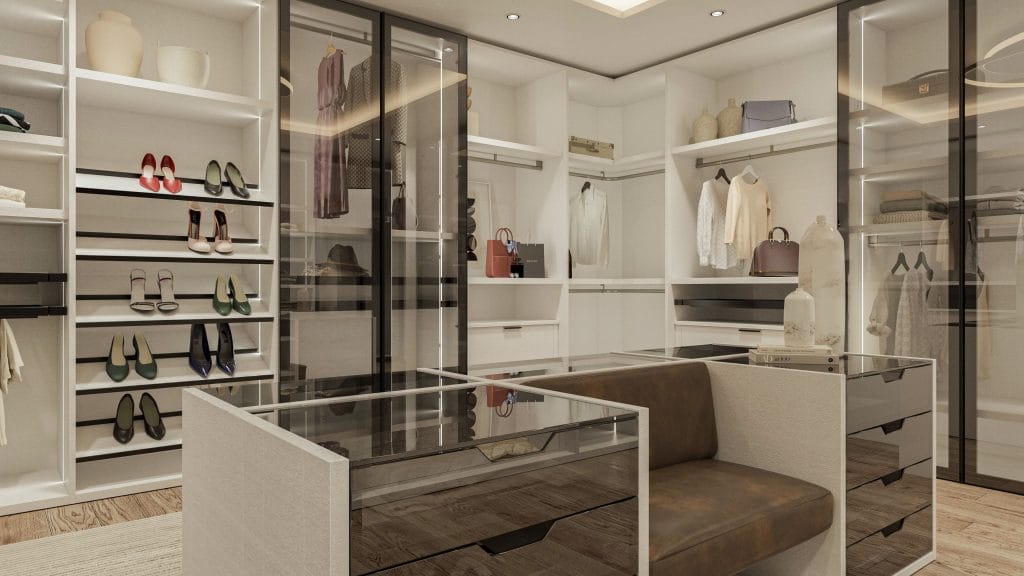 Modern walk-in closet interior by Decorilla designer, Sharné L.