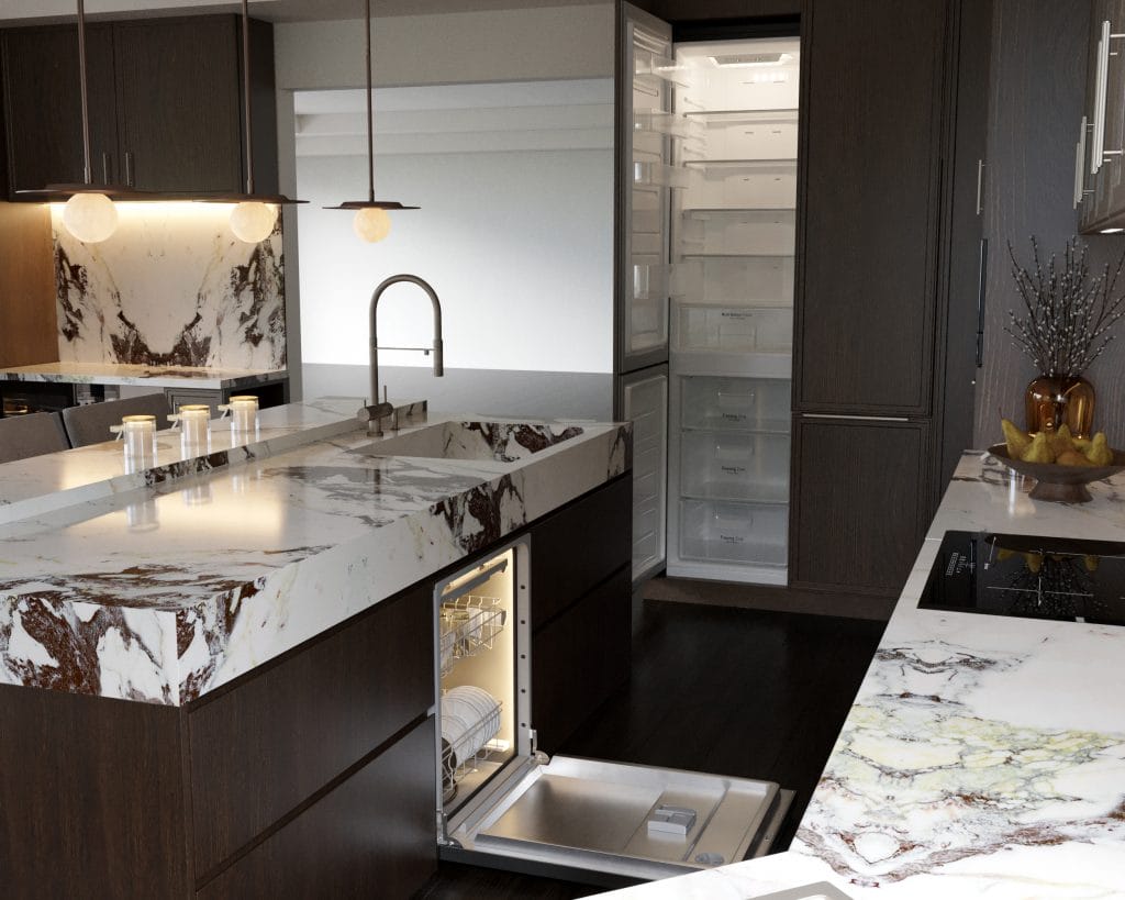Moody kitchen colors accentuated by marble countertops, by Decorilla