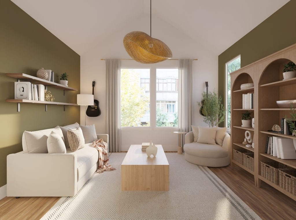 Nature-inspired living room with biophilic elements by Decorilla designer, Sharné L.