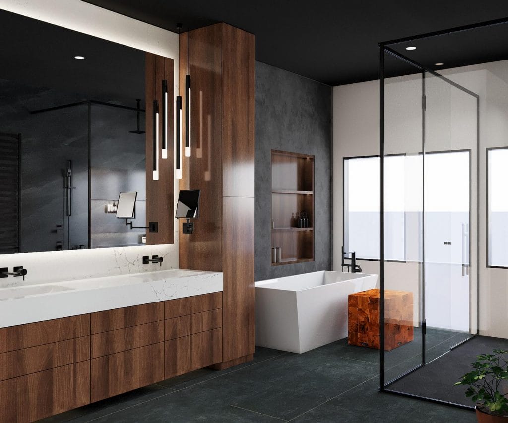 New house primary bathroom interior design by Decorilla