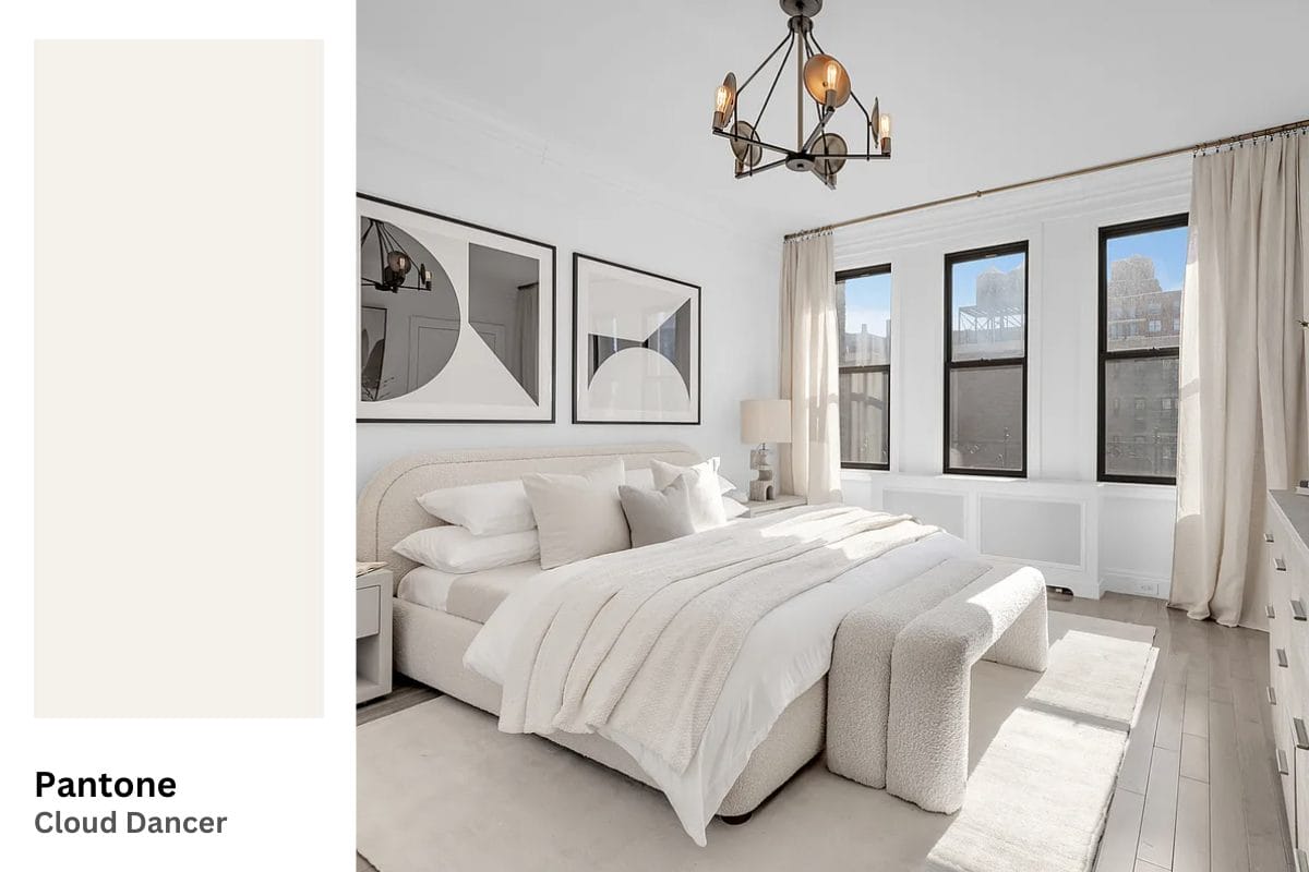 Cloud Dancer, Pantone Color of the Year 2026, in a bedroom by Decorilla designer, Leanna S
