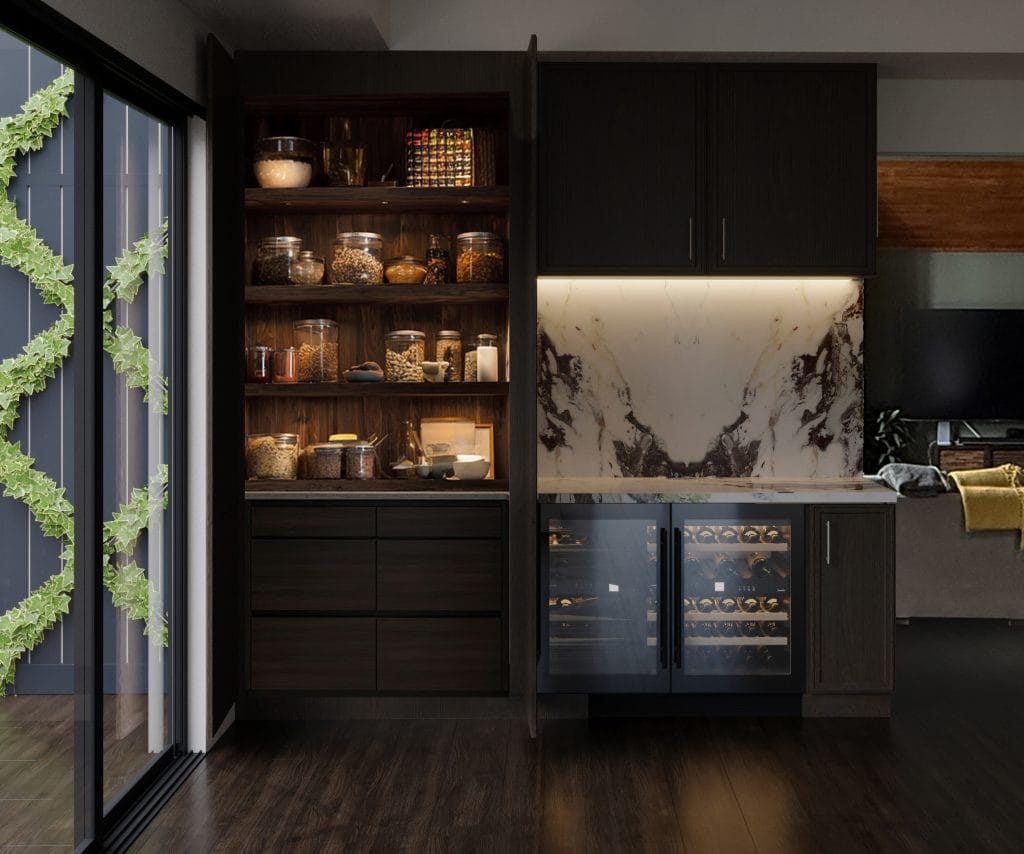 Pantry and a wet bar in a moody kitchen design by Decorilla