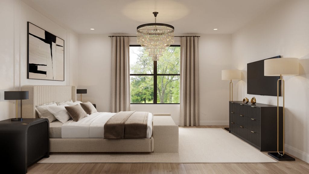 Spare bedroom furniture layout by Decorilla