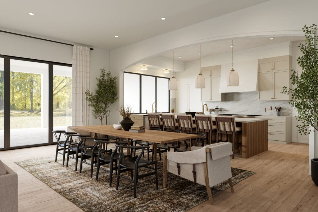 Transitional open-plan living area by Decorilla designer, Sharné L.