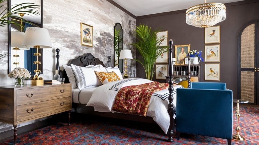 Dramatic eclectic maximalist bedroom by Decorilla designer, Marya W.