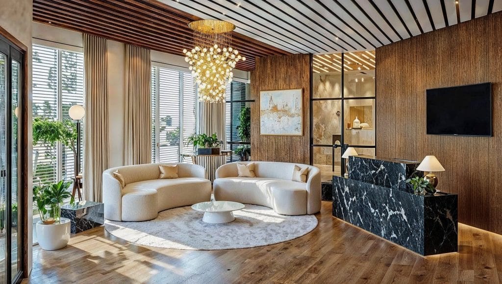 Global culture influences in a lobby interior by Decorilla