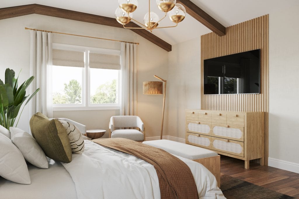 Serene boho modern bedroom design by Decorilla