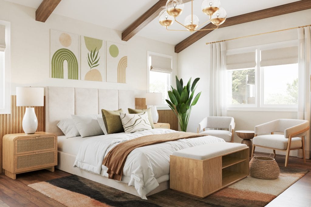 Serene boho modern bedroom interior by Decorilla