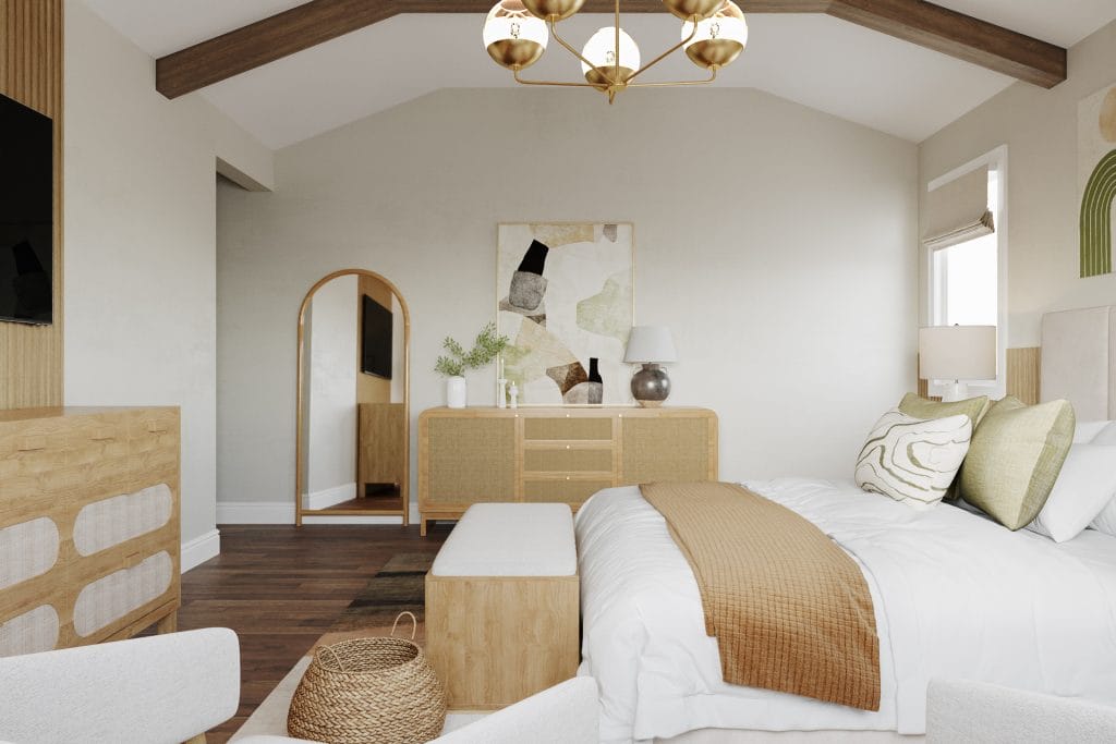 Serene boho modern bedroom layout by Decorilla