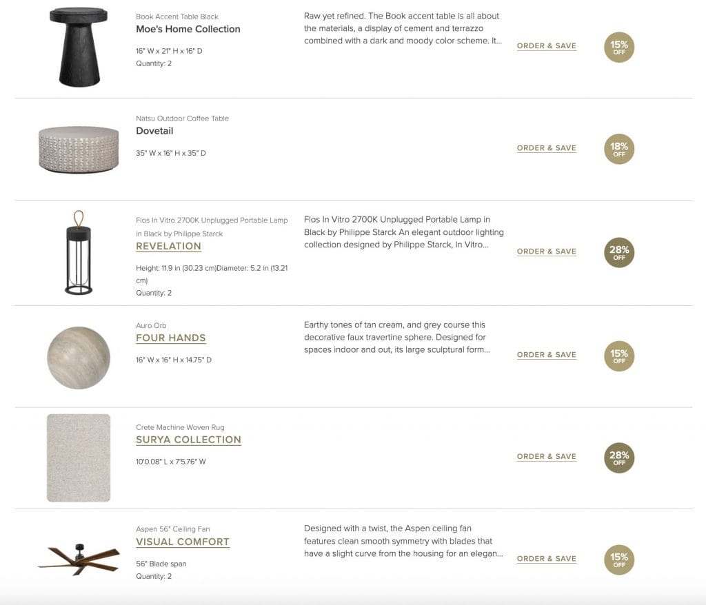 Decorilla shopping list with discounts for a modern farmhouse patio design