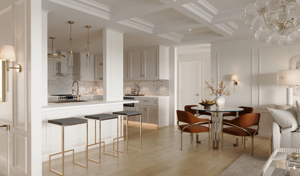 Dining corner in a glamorous living room by Decorilla