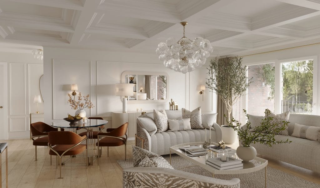 Glamorous decorating style in a semi-open plan living room by Decorilla