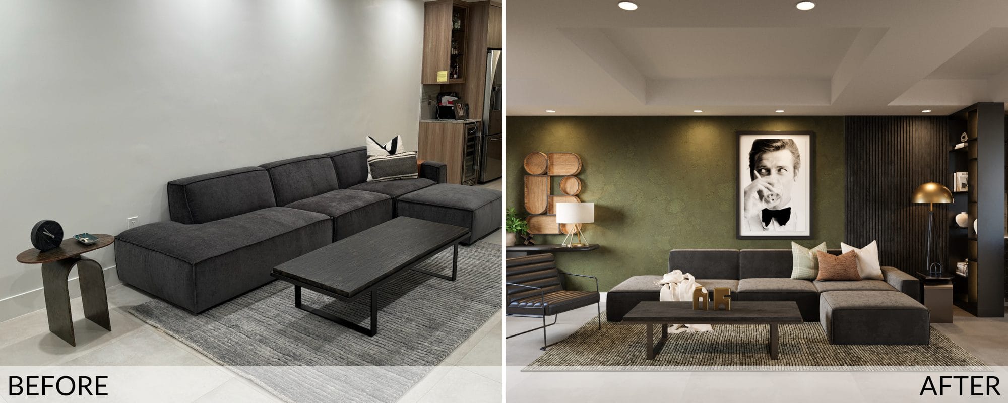 Before & After: Masculine Living Room & Kitchen Design