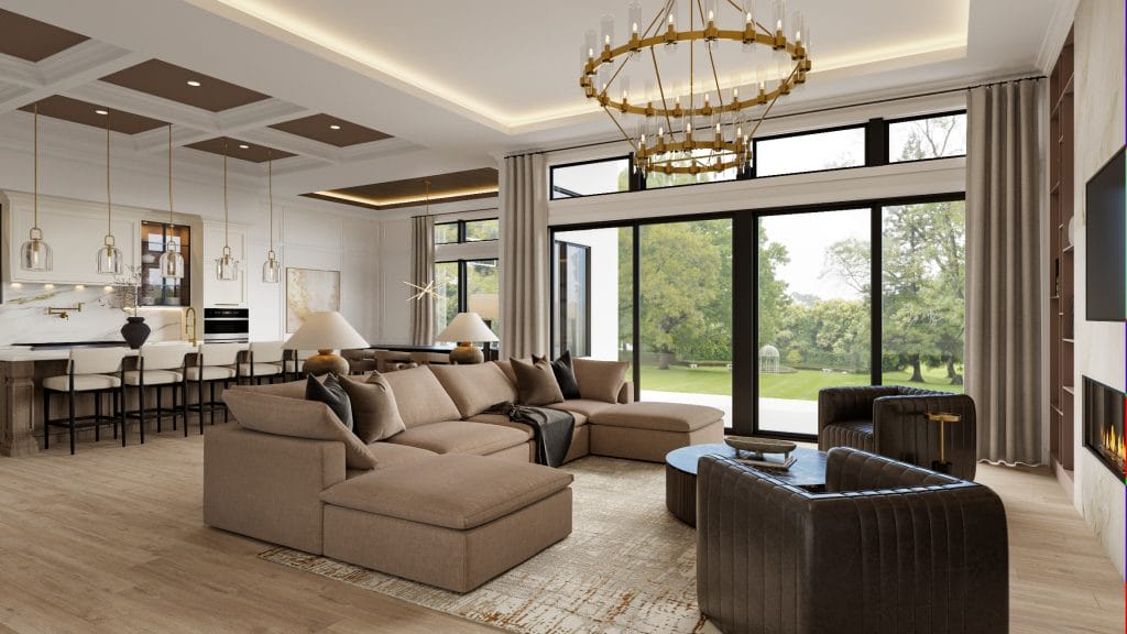 Open-plan living area in transitional design style, by Decorilla designer, Erika F.