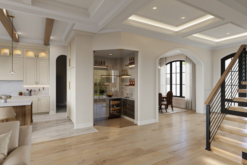 Art and wine room in an open floor plan interior design by Decorilla