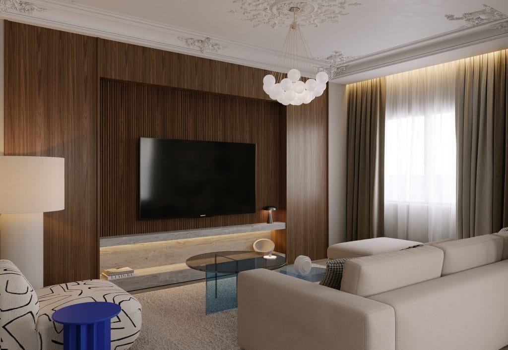 Contemporary living room wood plank wall by DECORILLA designer Thoraya A. 