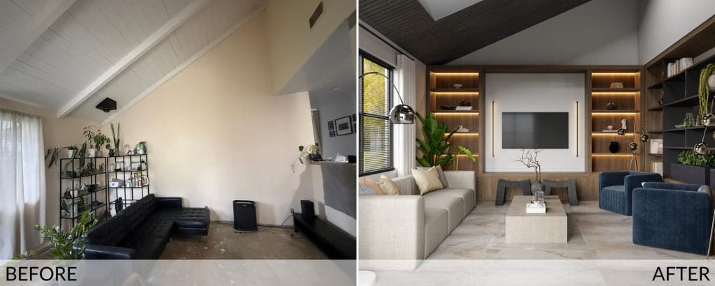 Contemporary minimalist living room before and after design by Decorilla