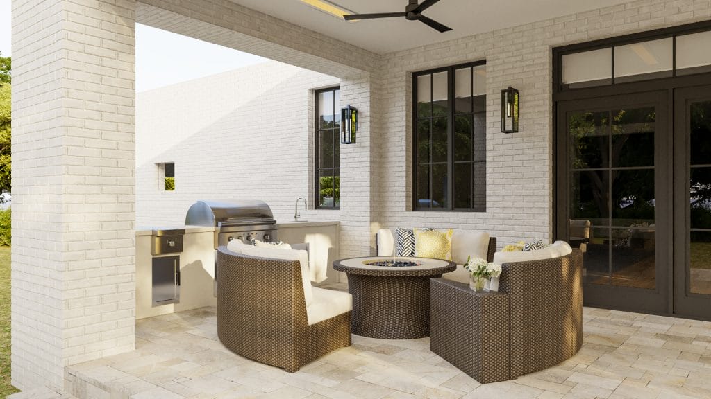Covered lanai with modular furniture in a layout by Decorilla