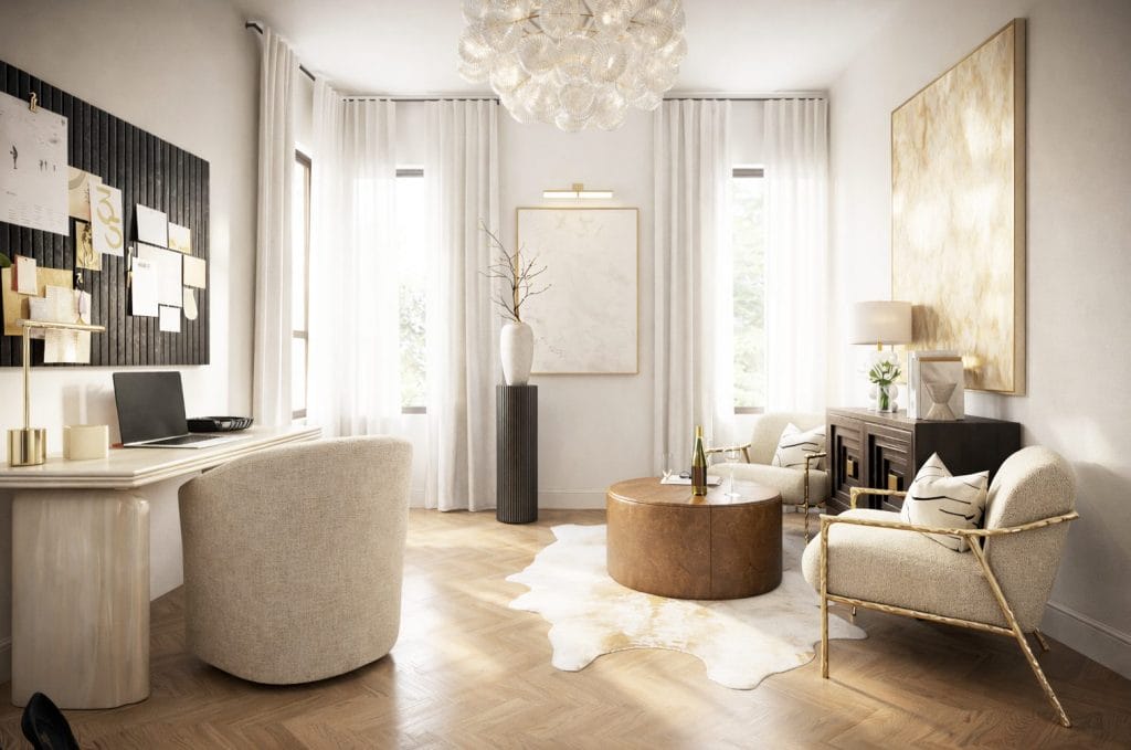 Home office with a seating area by Decorilla contemporary designer, Stacy D.