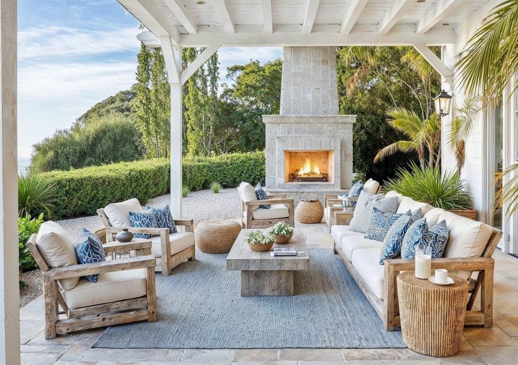 Large paved patio inspiration with a statement fountain, by Decorilla