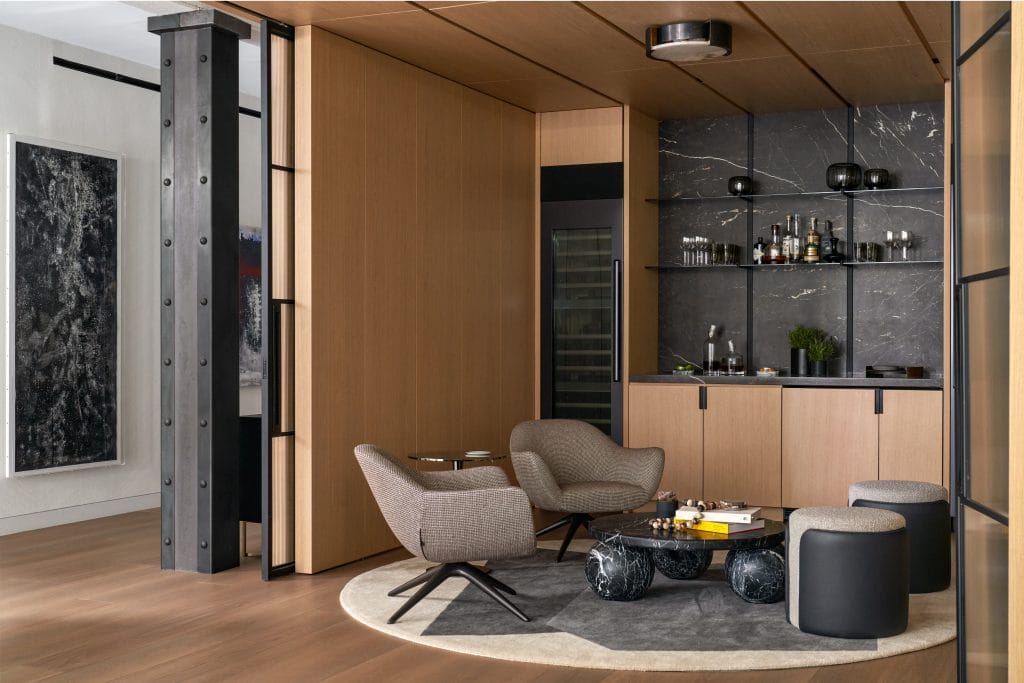 Modern industrial broken living area plan by Decorilla designer, Teresa W. 