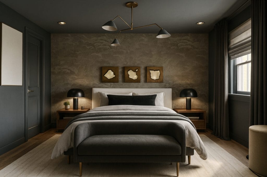 Moody bedroom by Decorilla contemporary designer, Stacy D.