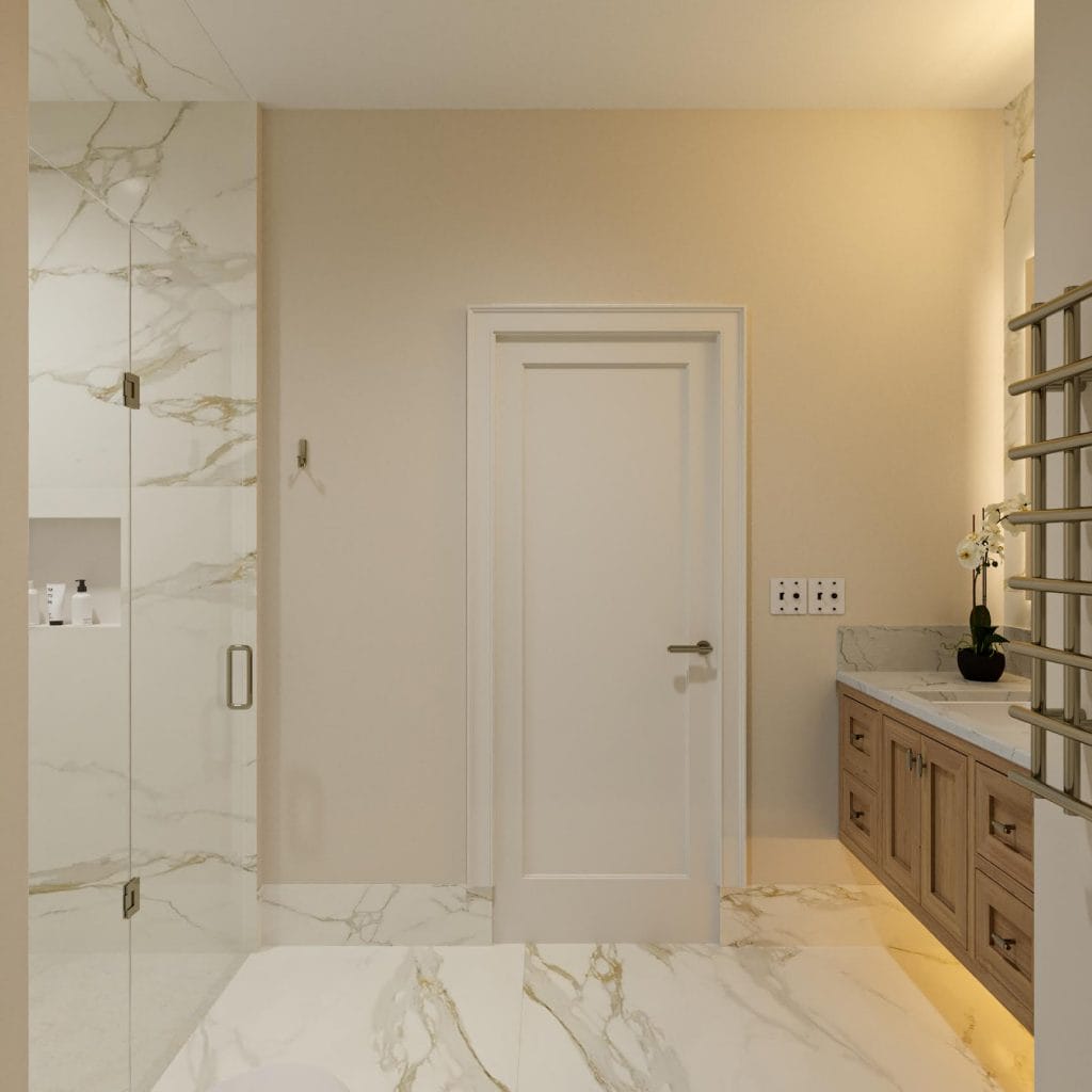 Neutral guest bathroom design by Decorilla