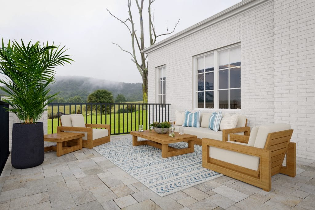 Pops of blue in terrace decoration by Decorilla