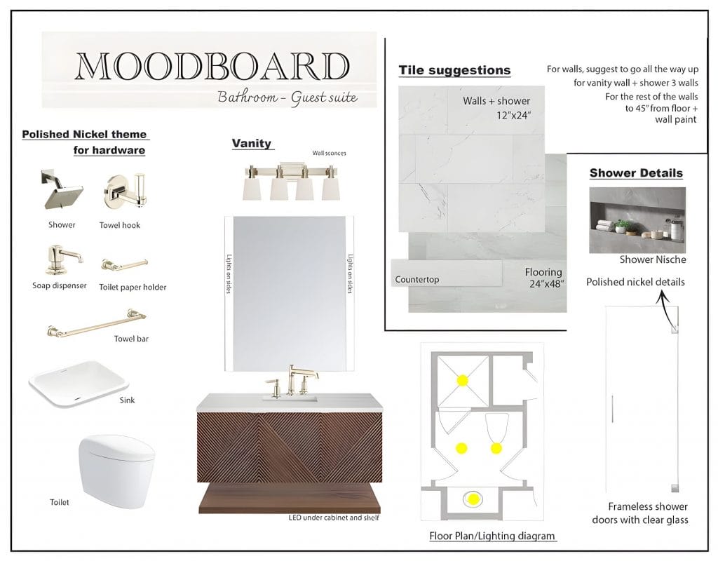 Preliminary proposal for a guest bathroom design by Decorilla designer, Marine H.