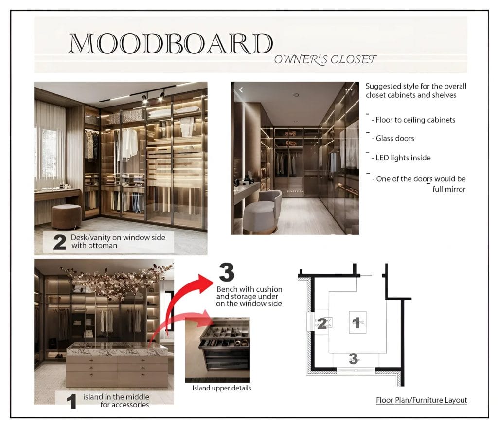 Preliminary proposal for primary closet by Decorilla designer, Marine H.