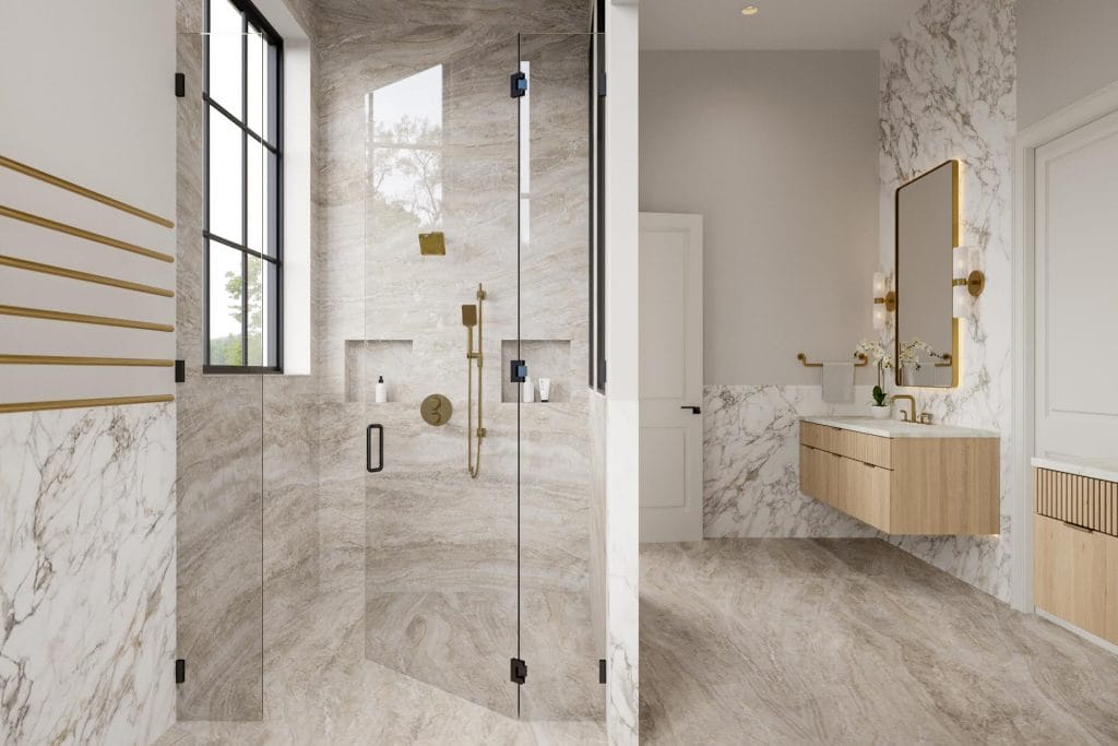 Primary bathroom layout by Decorilla