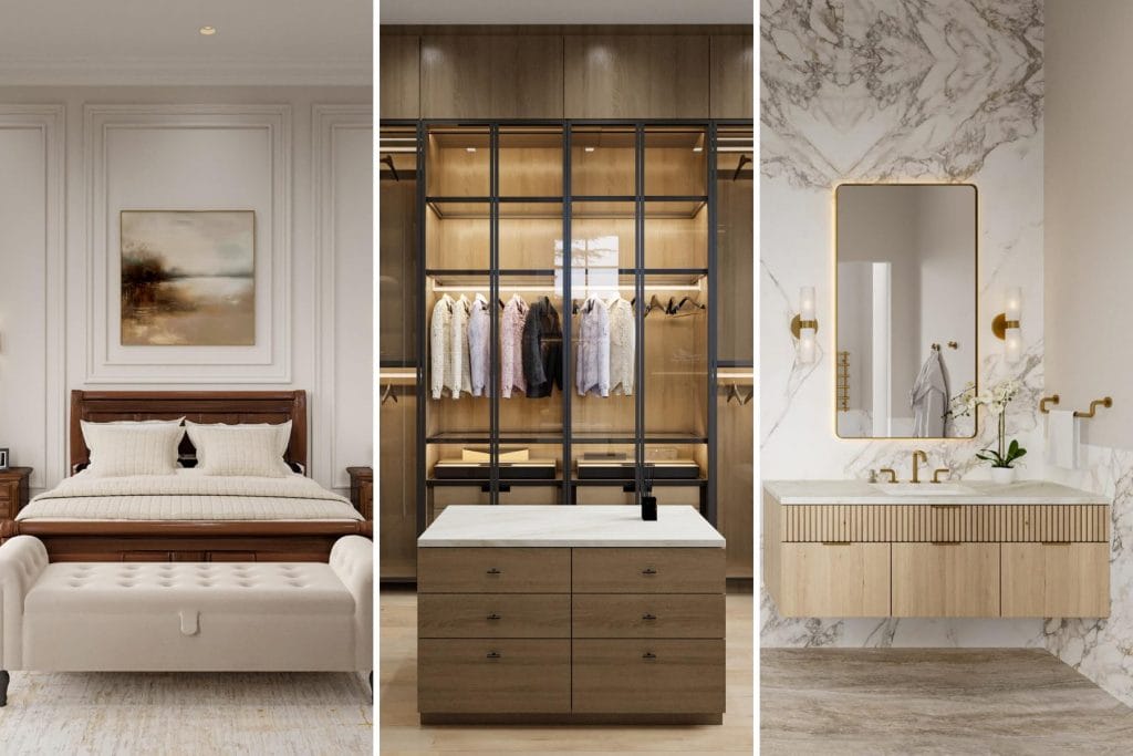 Primary suite with a closet and bathroom by Decorilla