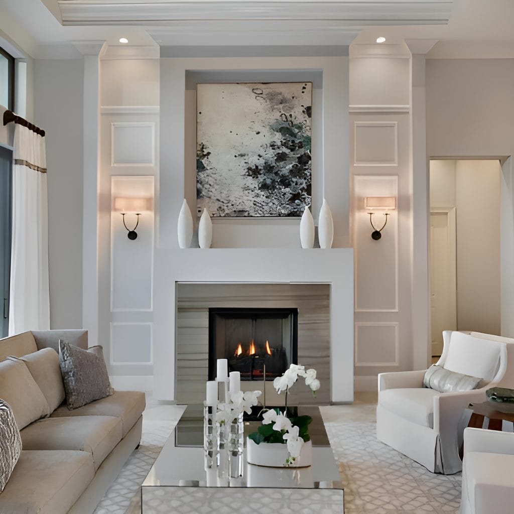 Skirted furniture in a luxury all-white formal living room by Decorilla designer, Tera S.