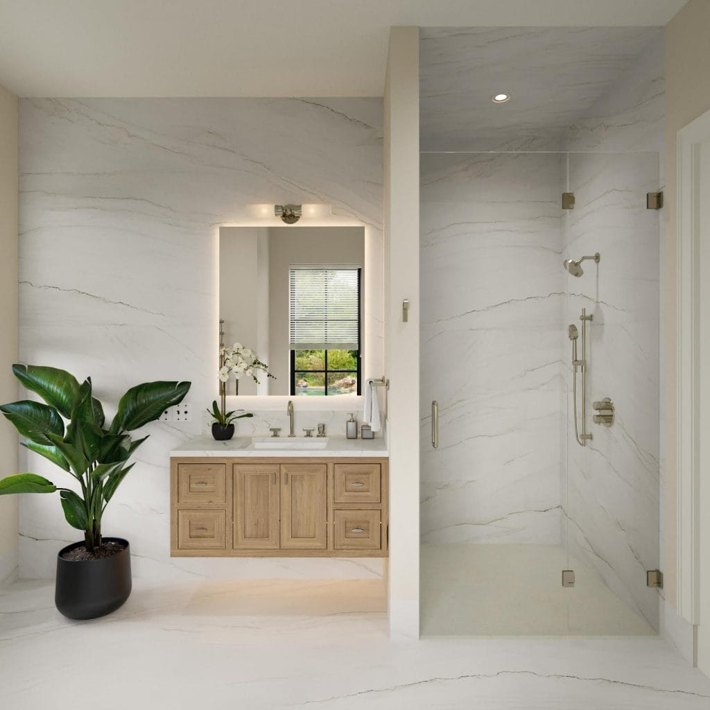 Transitional guest bathroom design by Decorilla