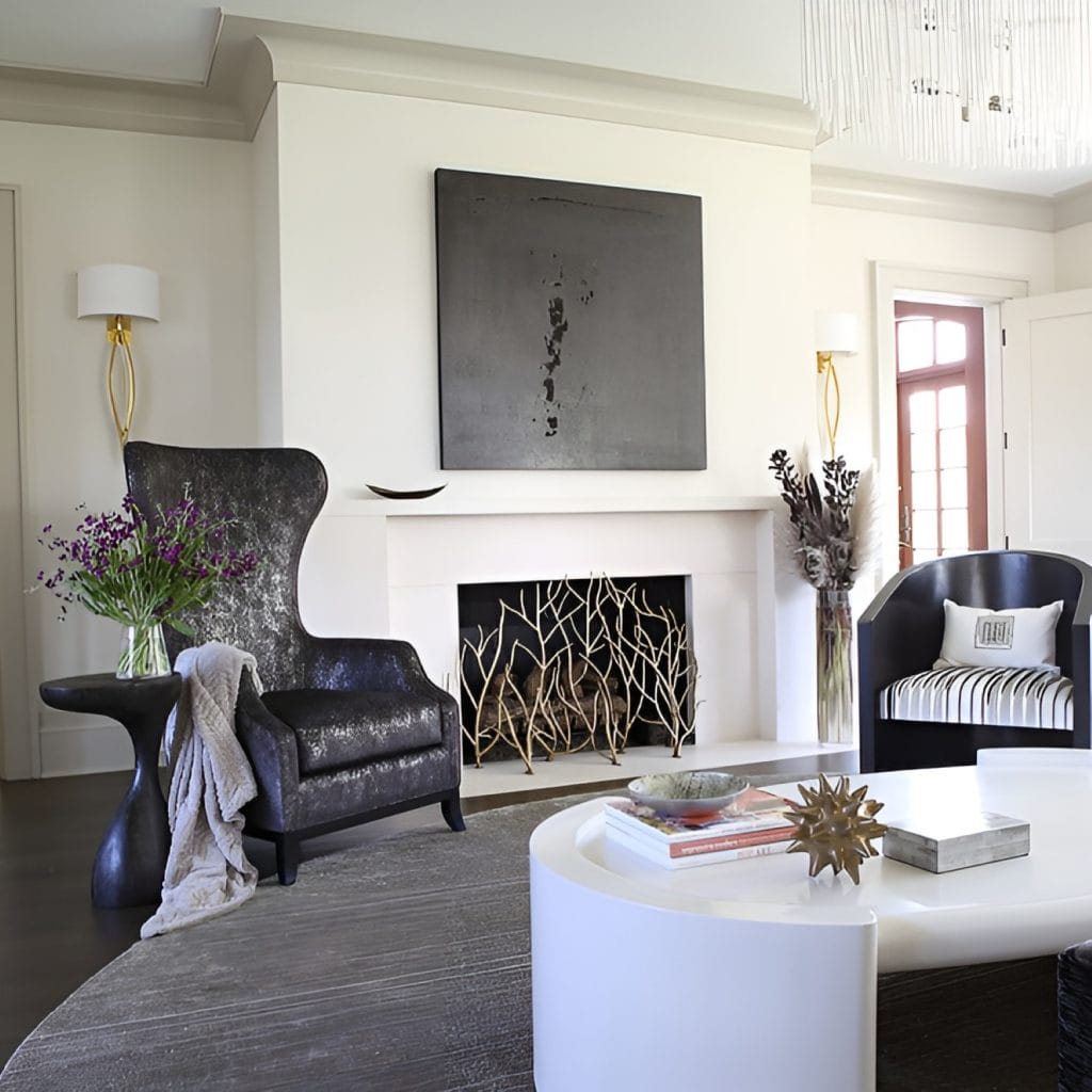 A creative fireplace cover can work better than a tacky candle decor - Living room by Decorilla designer, George R.