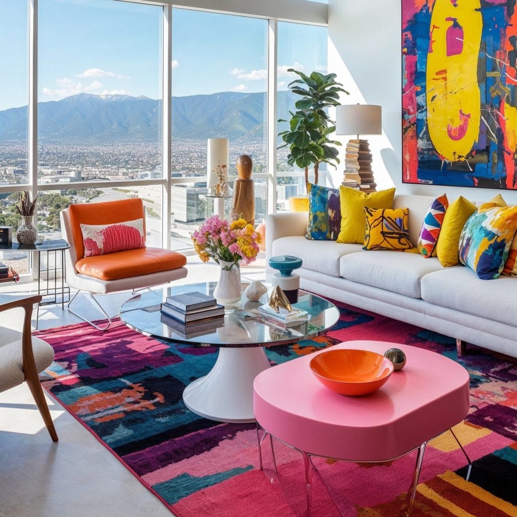 Colroful maximalism in a living room by Decorilla