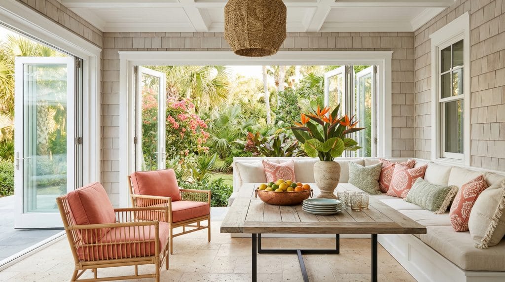 Indoor-outdoor living room interior design in a new construction, by Decorilla