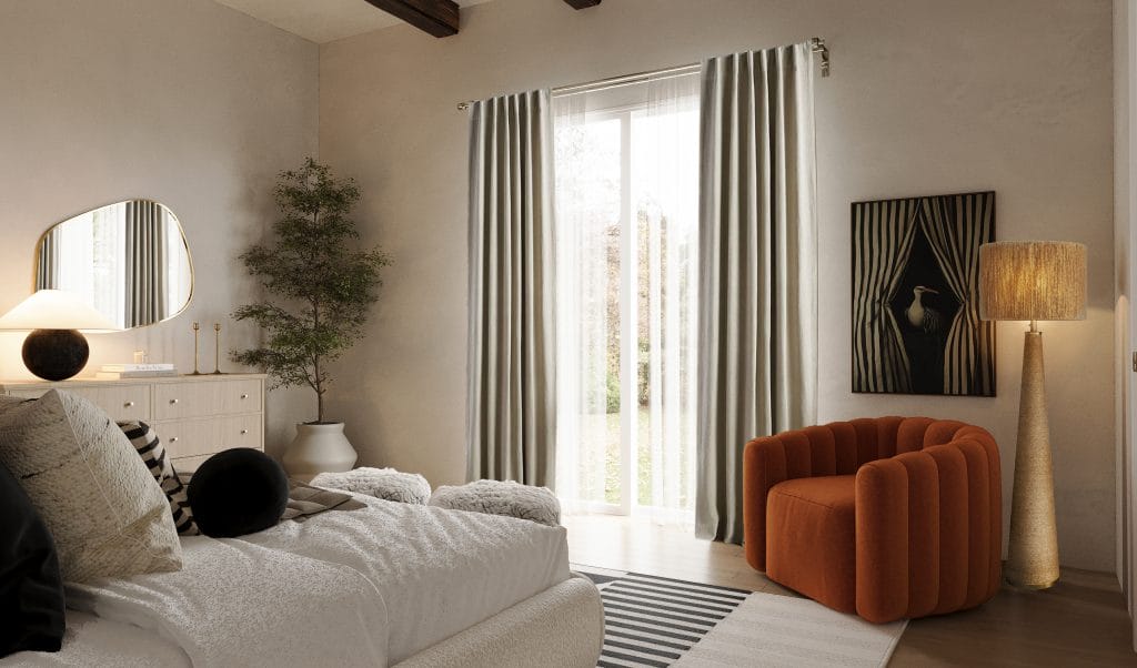 Modern bedroom makeover with earthy accents, by Decorilla