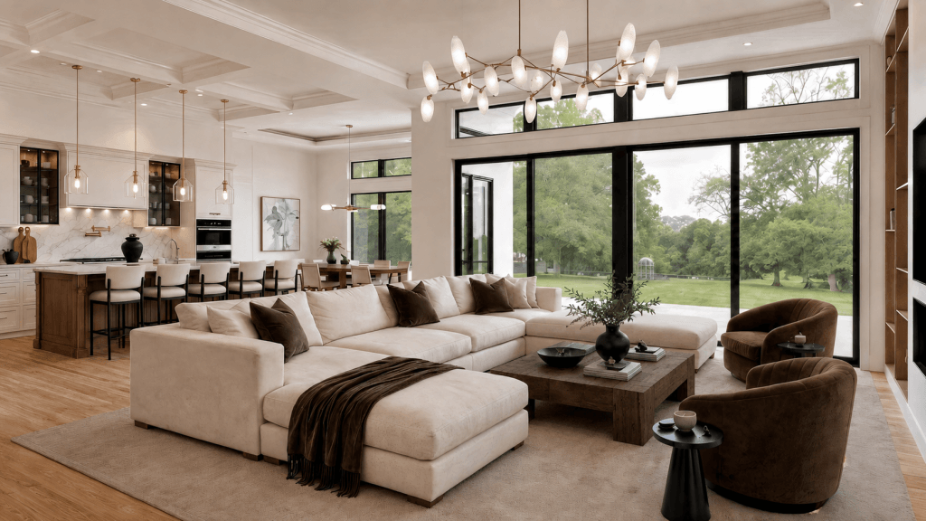 Open-plan living area in transitional design style, by Decorilla