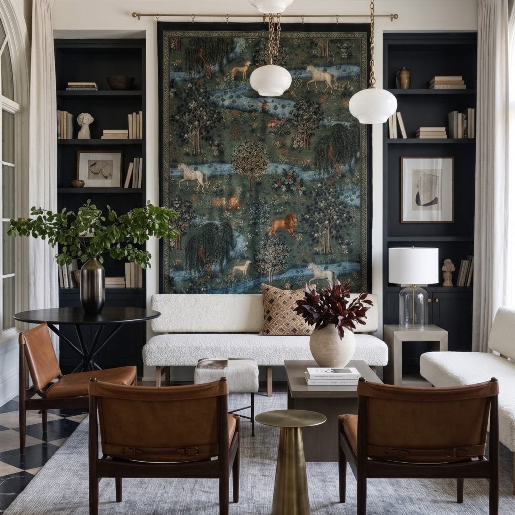 Antique tapestry in a transitional living room by Decorilla