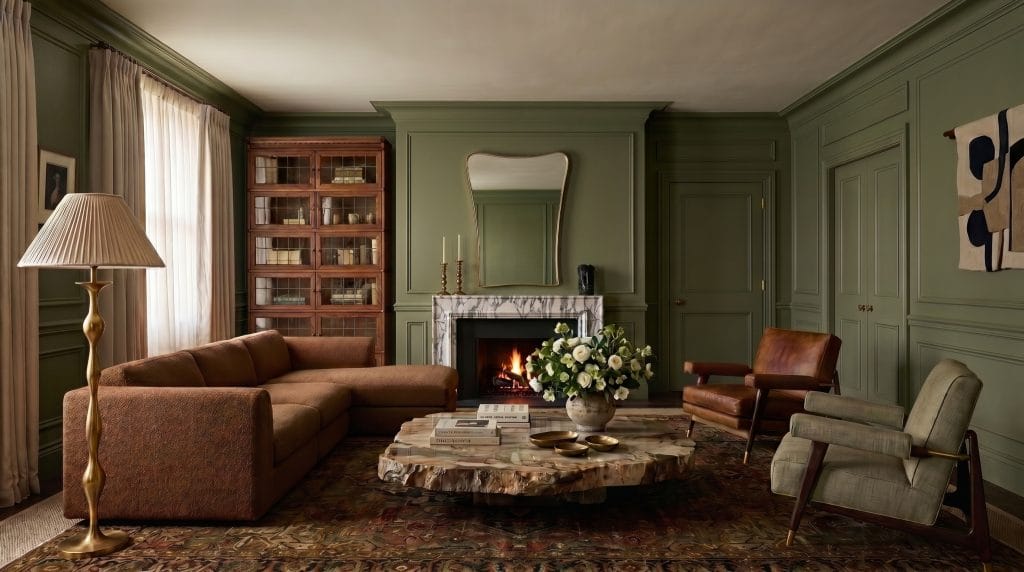 Best green wall colors in a living room by Decorilla